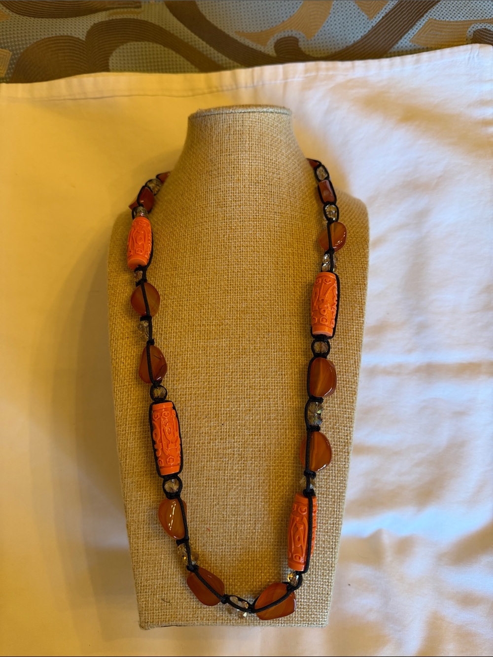 Carnelian, Crystals and Orange Carved Bead Necklace w/ Black Cord